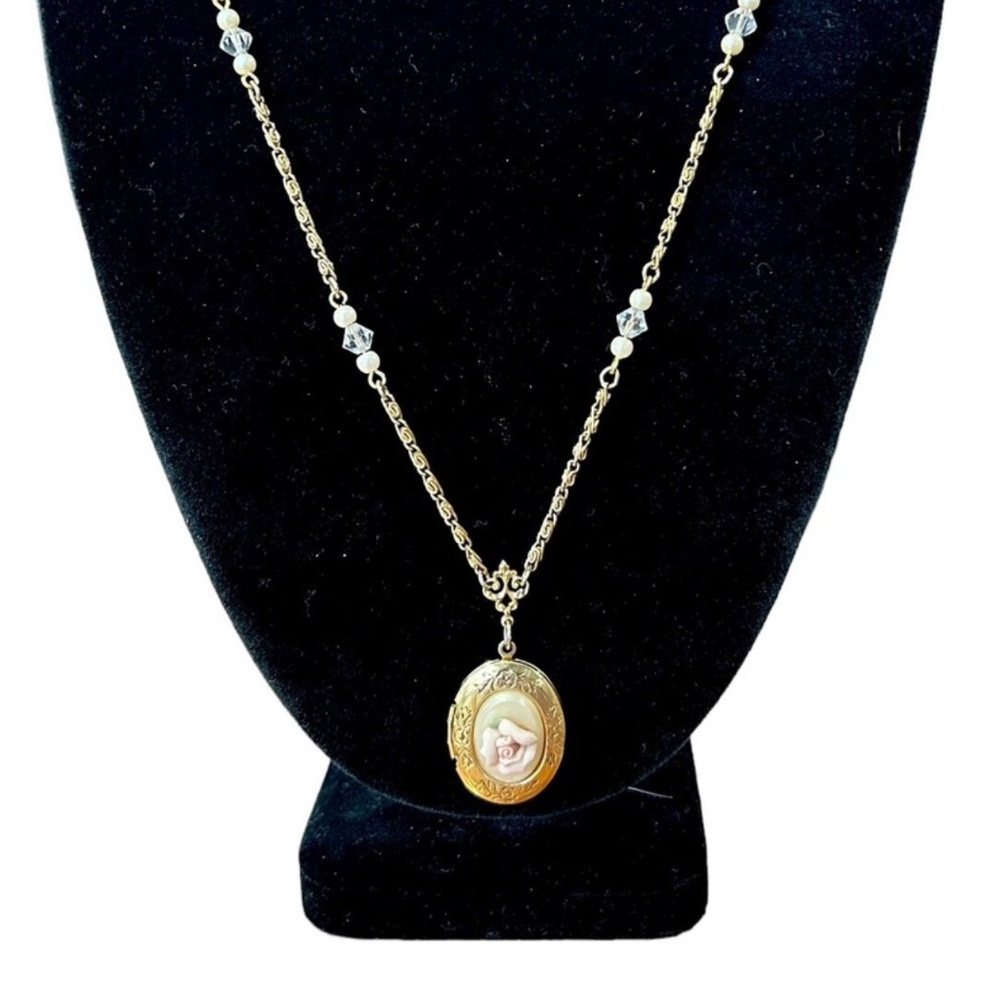 1928 Brand Cameo Rose Flower Locket Necklace - Picture 3 of 3